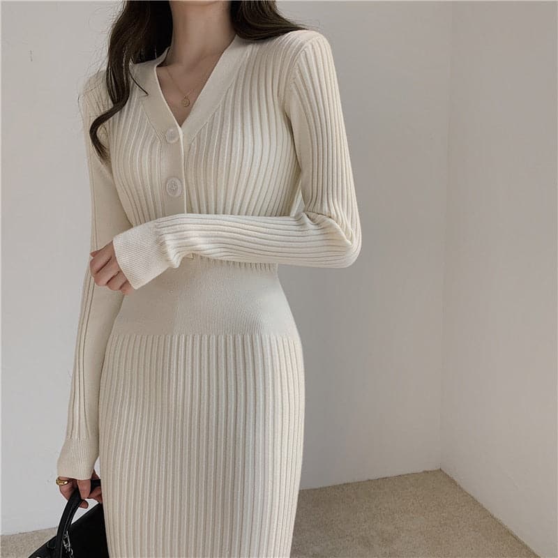 Women Slim Retro Knitted Long Sleeve Sweater Dresses