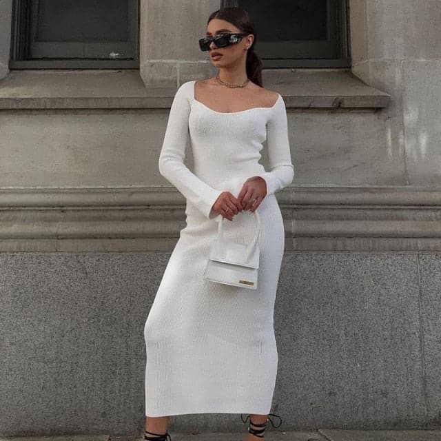 Square Neck Long Sleeve Gentle Sweater Dress