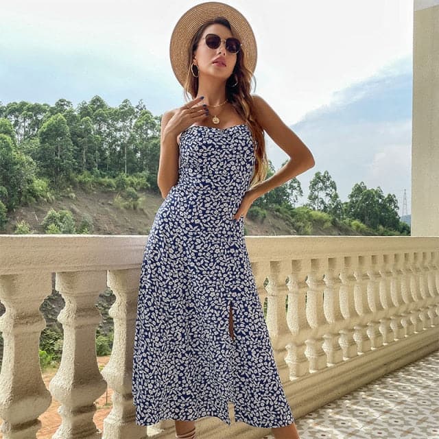 Summer Fashion Bohemian Sleeveless Dress for Women Timeless Floral Silk Maxi Robe Casual Wedding Guest Long Dresses