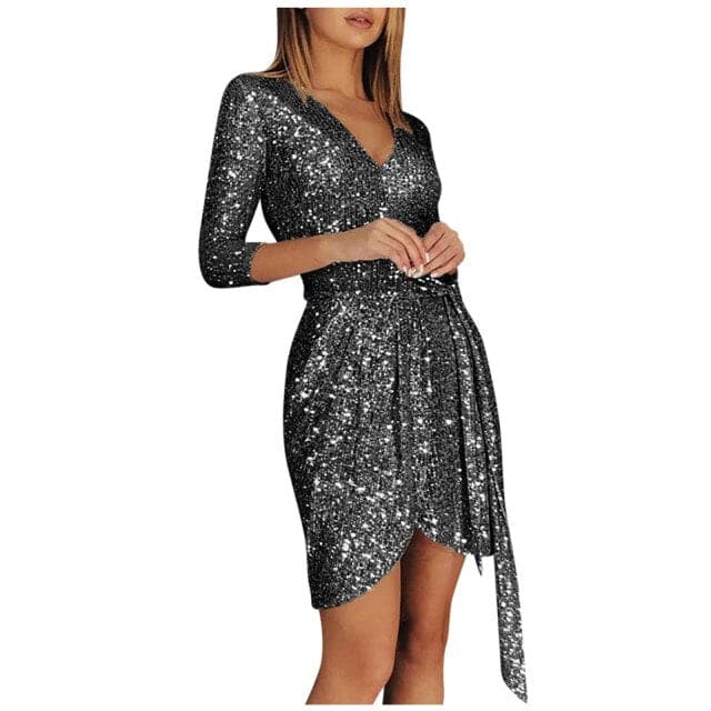 Ladies Refined Party Dress Fashion Longsleeved Sequined Vneck 34 Sleeve Laceup Mini Dress Dress