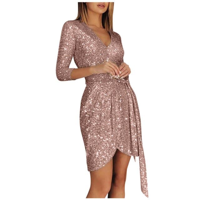 Ladies Refined Party Dress Fashion Longsleeved Sequined Vneck 34 Sleeve Laceup Mini Dress Dress