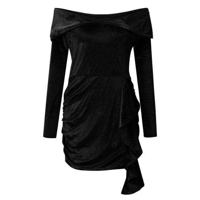 New Velvet Year Party Dress High Waist Draped Bodycon Dress Pure Color Off Shoulder Mini Dress