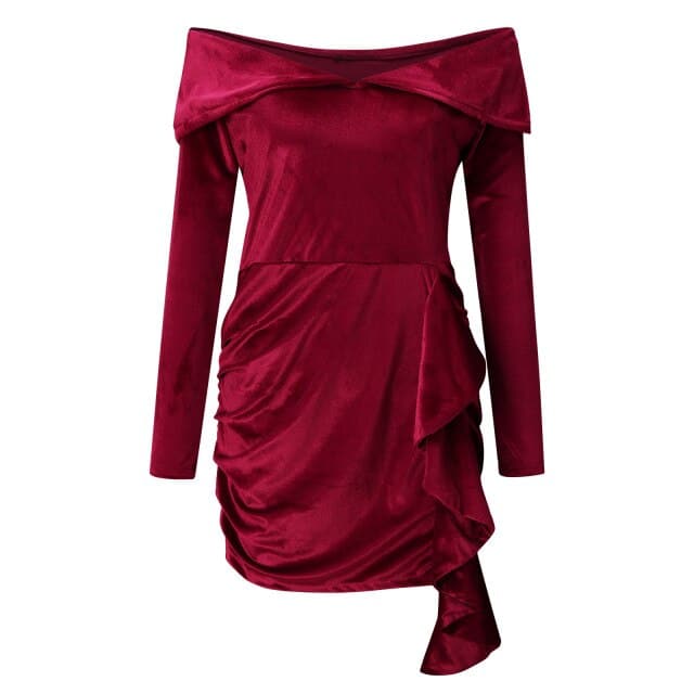 New Velvet Year Party Dress High Waist Draped Bodycon Dress Pure Color Off Shoulder Mini Dress