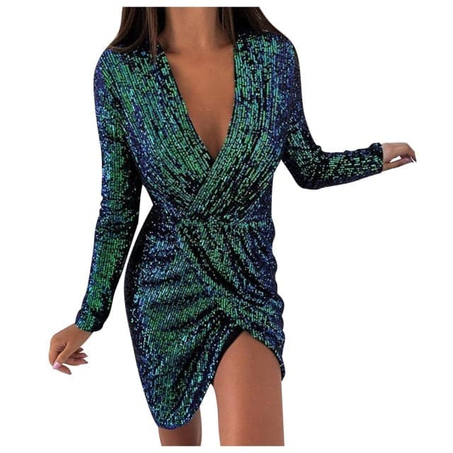 Solid New Color Vneck Mesh Stitching Hem Slit Dress