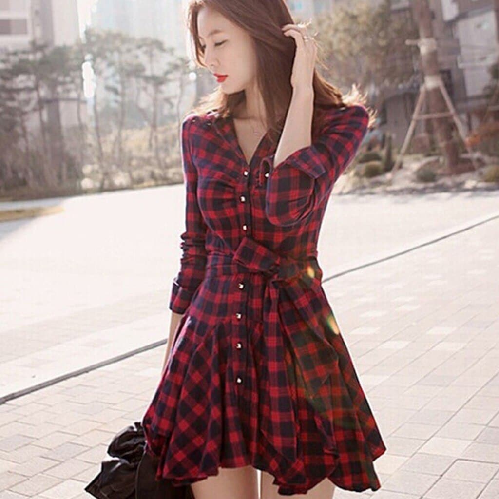 Long Christmas Sleeve Scottish Plaid Slim Dress