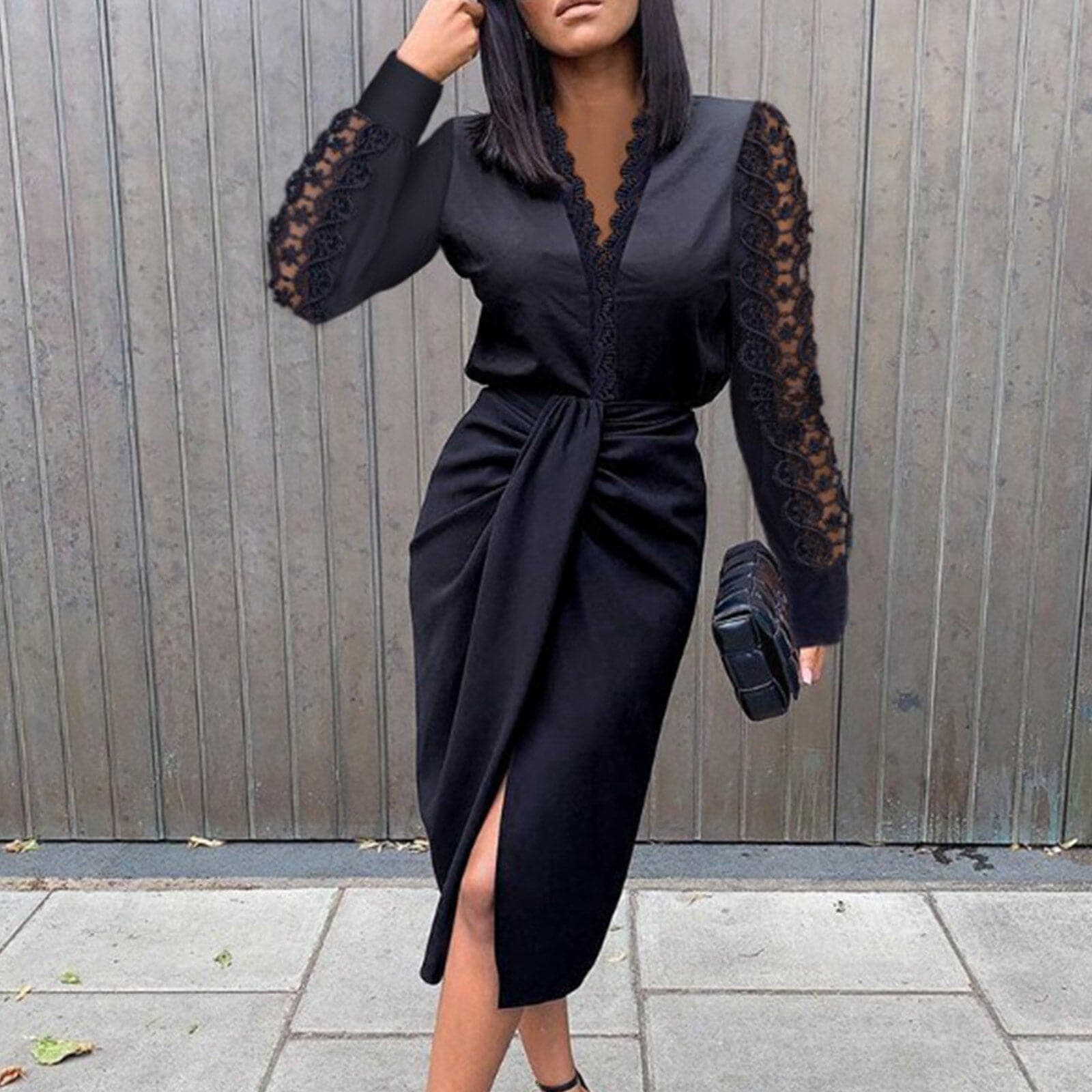 Lace Long Sleeve Sophisticated Dress Women Fashion Hight Split Party Wrap Dress VNeck Female
