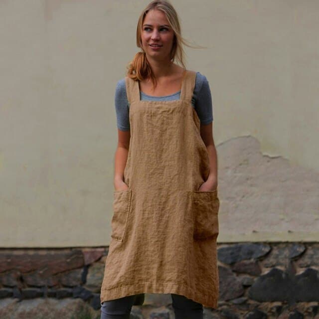 Square Female Cross Apron Dresses Women Cotton Linen Pinafore Dresses