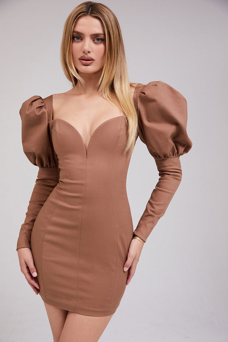Sleeve Puff Deep V Bodycon Cocktail Party Mini Dress - Coffee