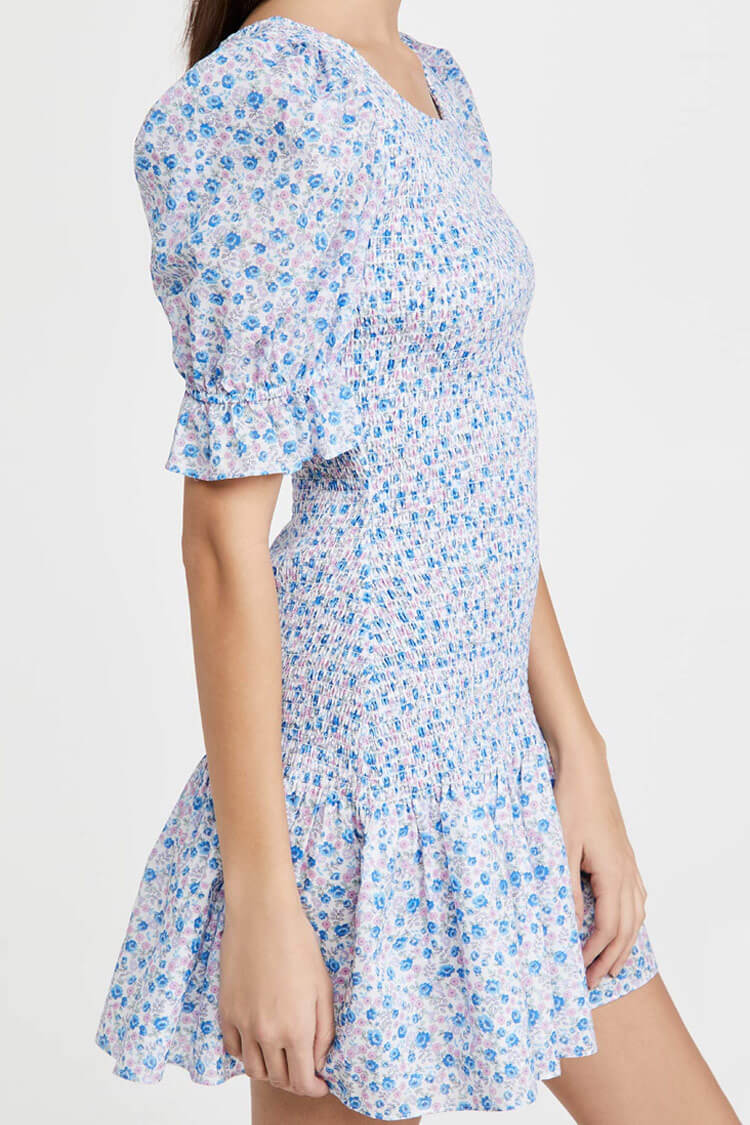 Puff Sleeve Ditsy Bloom Smocked Summer Mini Dress - Blue