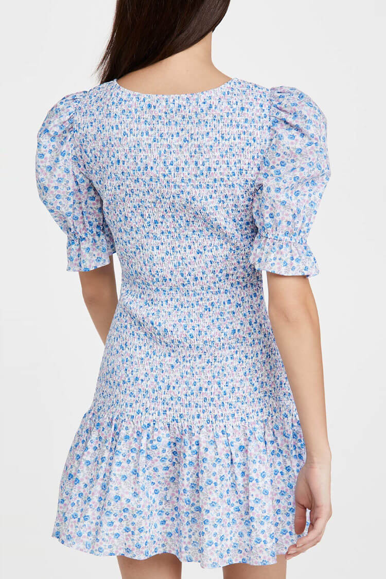 Puff Sleeve Ditsy Bloom Smocked Summer Mini Dress - Blue