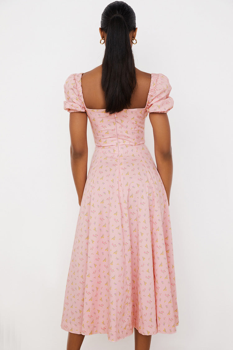 Puff Sleeve Ditsy Bloom Tie Front High Slit Midi Dress - Pink