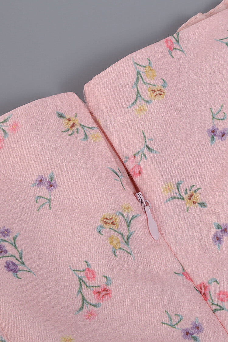 Puff Sleeve Ditsy Bloom Tie Front High Slit Midi Dress - Pink