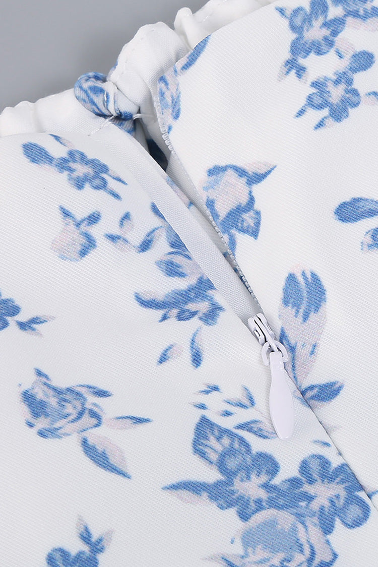 Puff Sleeve Ditsy Bloom Tie Front High Slit Midi Dress - Blue