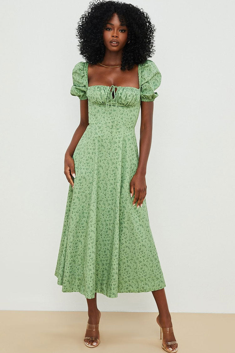Puff Sleeve Ditsy Bloom Tie Front High Slit Midi Dress - Green