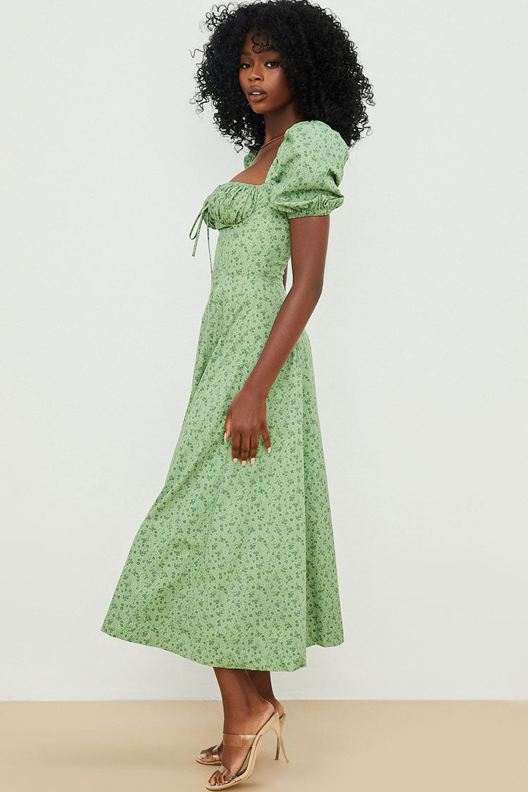 Puff Sleeve Ditsy Bloom Tie Front High Slit Midi Dress - Green