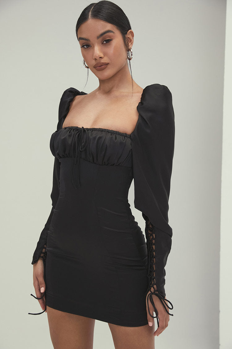 Sleeve Puff Self Tie Square Neck Bodycon Mini Dress - Black