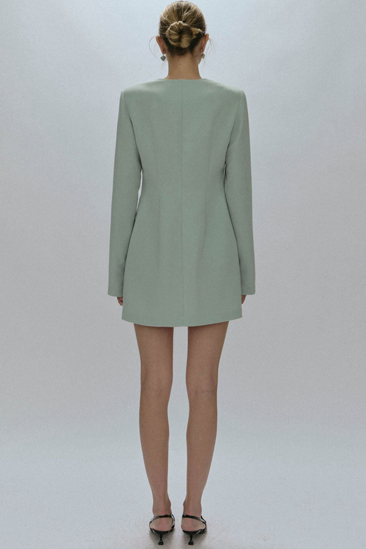 Quiet Upscale Crew Neck Single Breasted Long Sleeve Mini Dress -Lake Blue