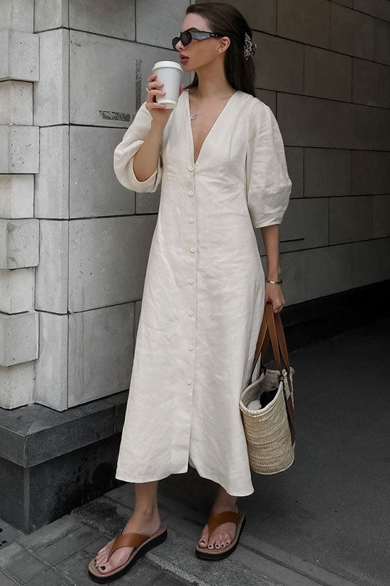 V Ralaxed Neck Button Up Puff Sleeve Linen Blend Midi Dress - Off White