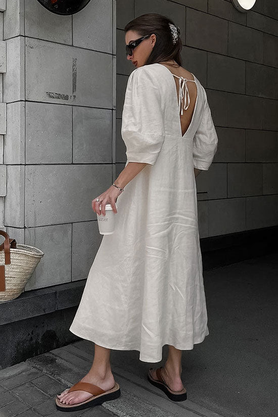 V Ralaxed Neck Button Up Puff Sleeve Linen Blend Midi Dress - Off White