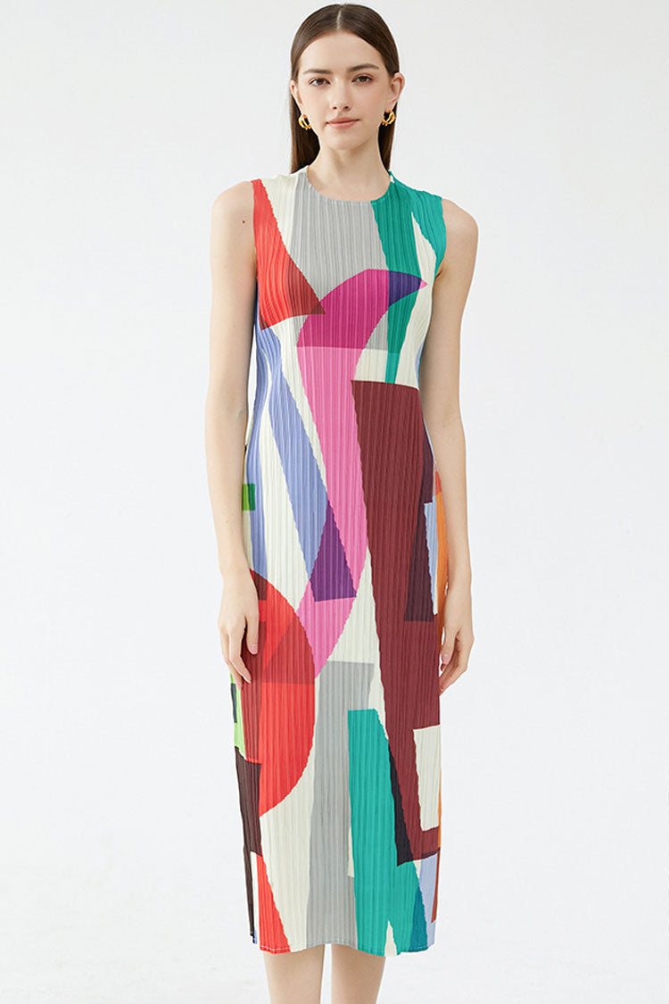 Color Relaxed Block Sheath Pleated Sleeveless Midi Dress - Multicolor