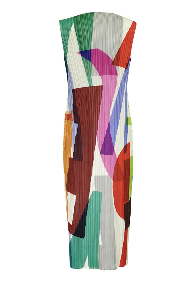 Color Relaxed Block Sheath Pleated Sleeveless Midi Dress - Multicolor