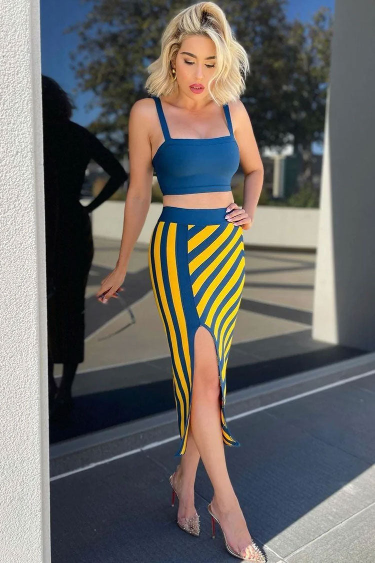 Crop Retro Tank High Waist Front Split Skirt Two Piece Midi Dress - Stripe