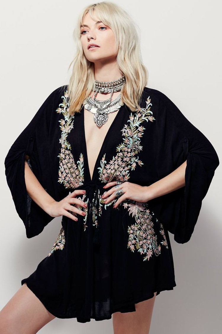 Embroidered Retro Deep V Sleeved Boho Style Mini Dress - Black