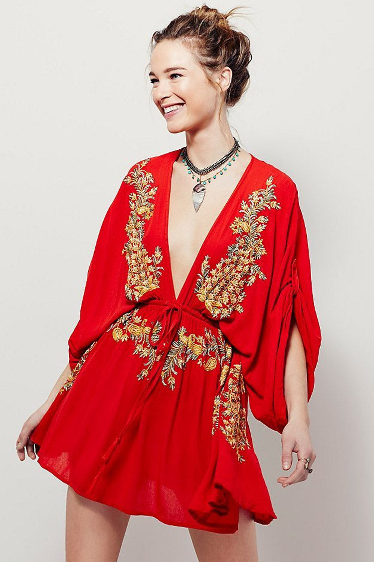 Embroidered Retro Deep V Sleeved Boho Style Mini Dress - Red