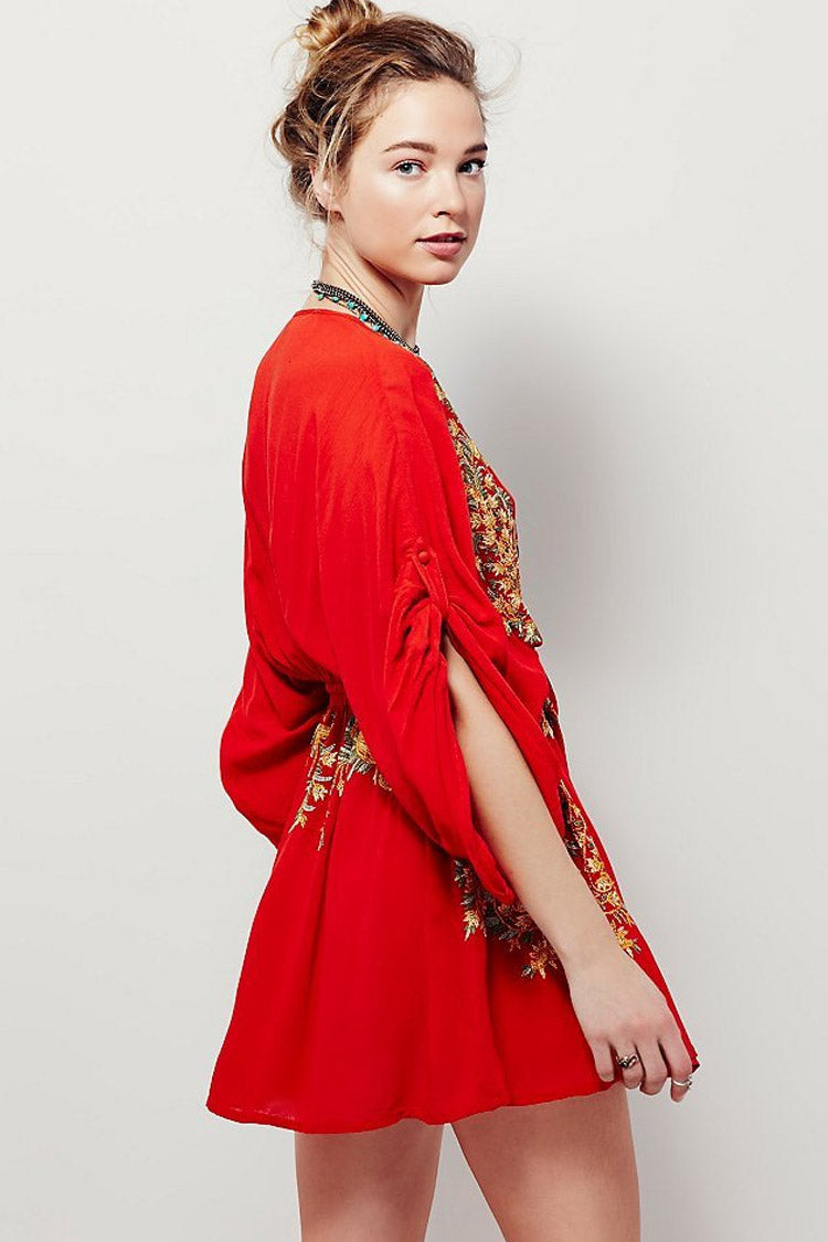 Embroidered Retro Deep V Sleeved Boho Style Mini Dress - Red