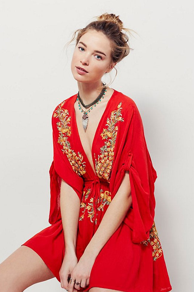 Embroidered Retro Deep V Sleeved Boho Style Mini Dress - Red