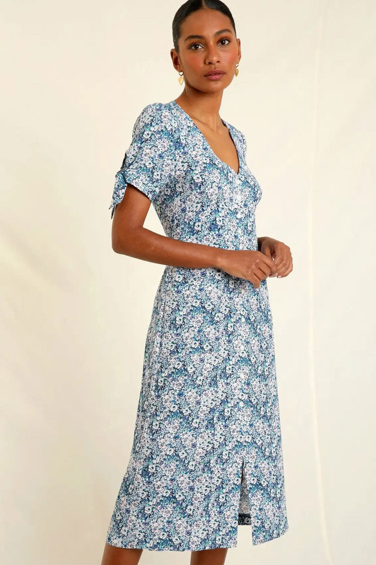 Retro Bloom Print Tie Sleeve Button Up French Shirt Midi Dress - Blue