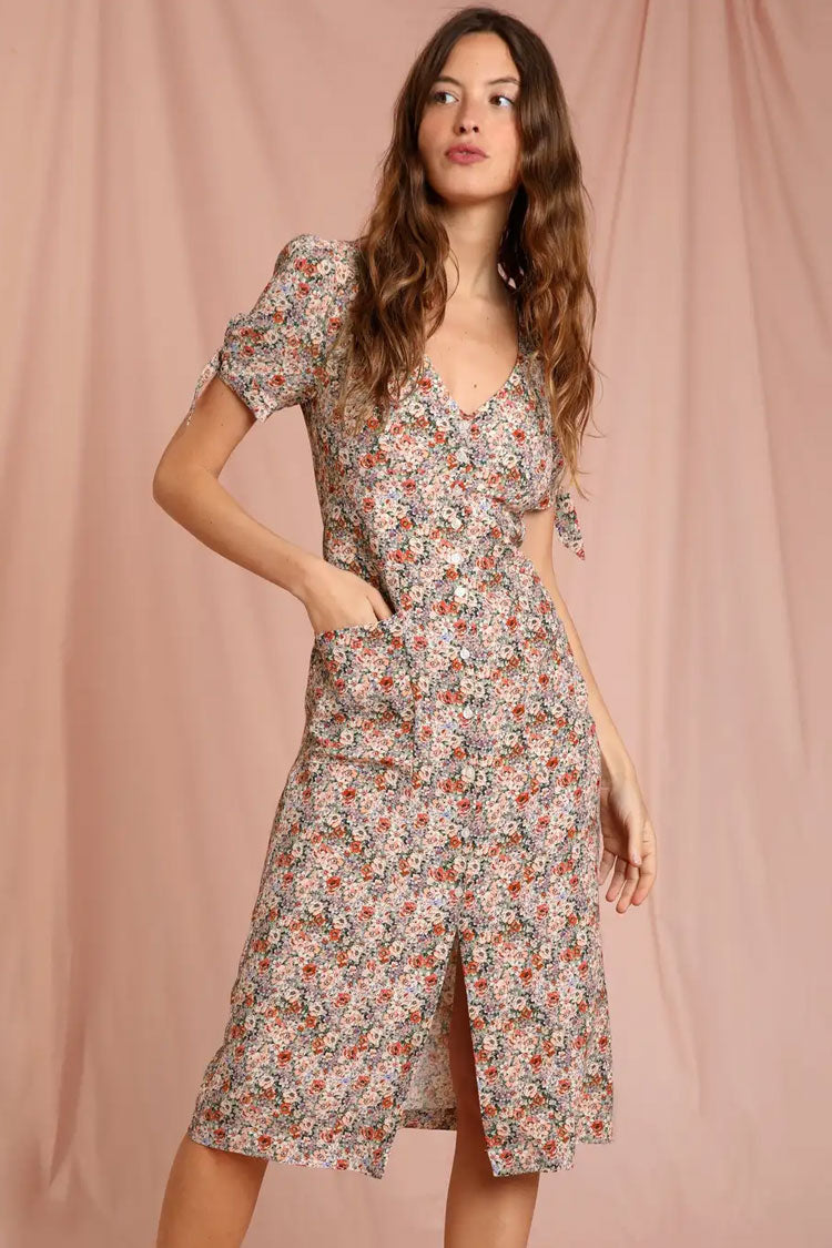 Retro Bloom Print Tie Sleeve Button Up French Shirt Midi Dress - Red