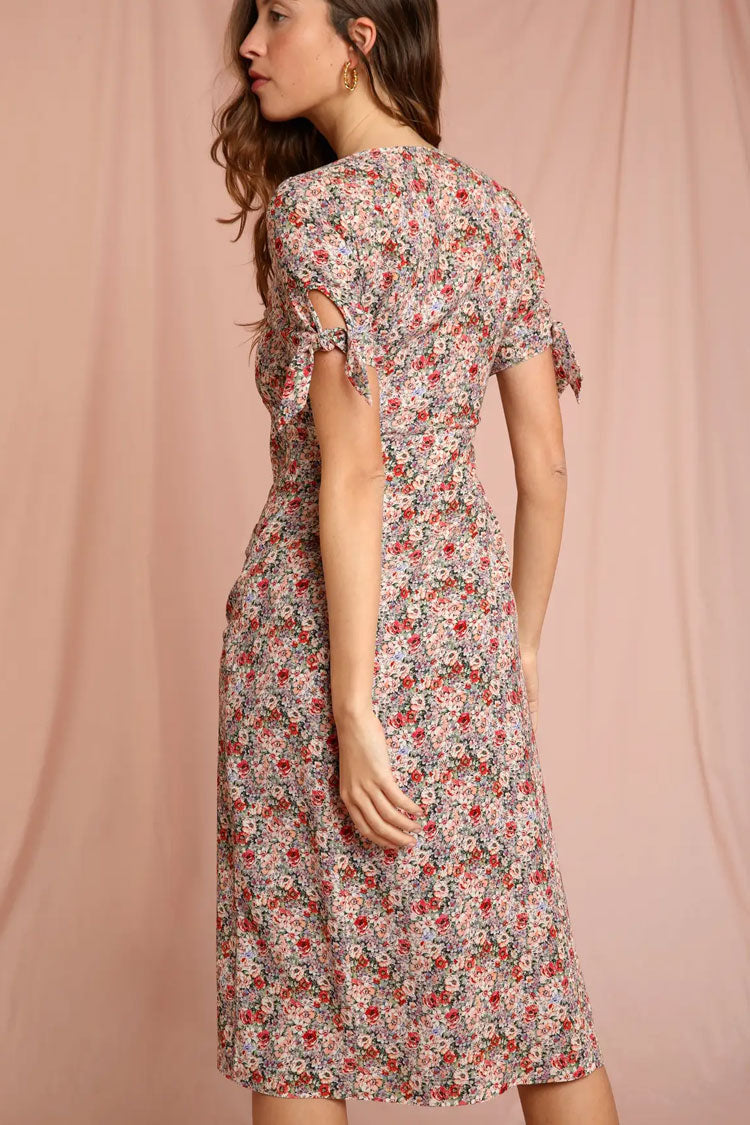 Retro Bloom Print Tie Sleeve Button Up French Shirt Midi Dress - Red