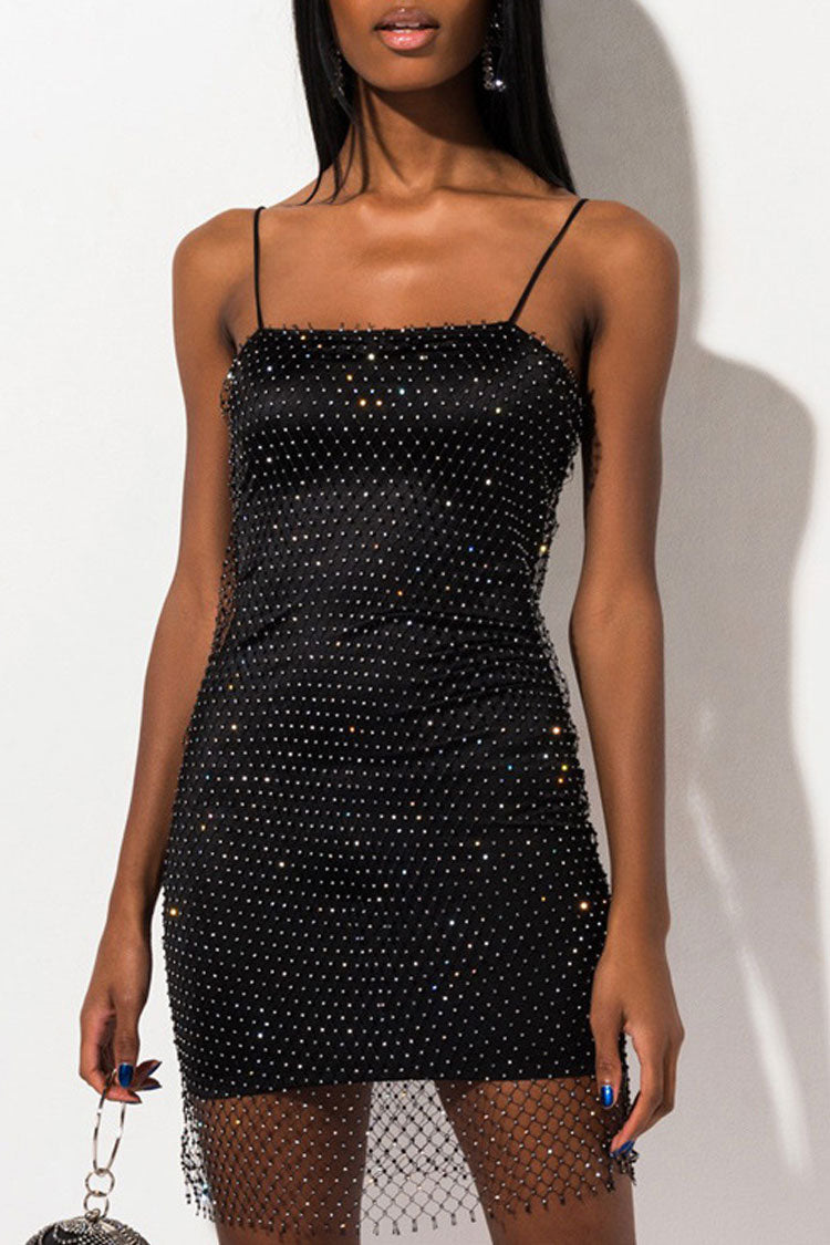 Sequined Rhinestone Embellished Spaghetti Strap Bodycon Party Mini Dress - Black