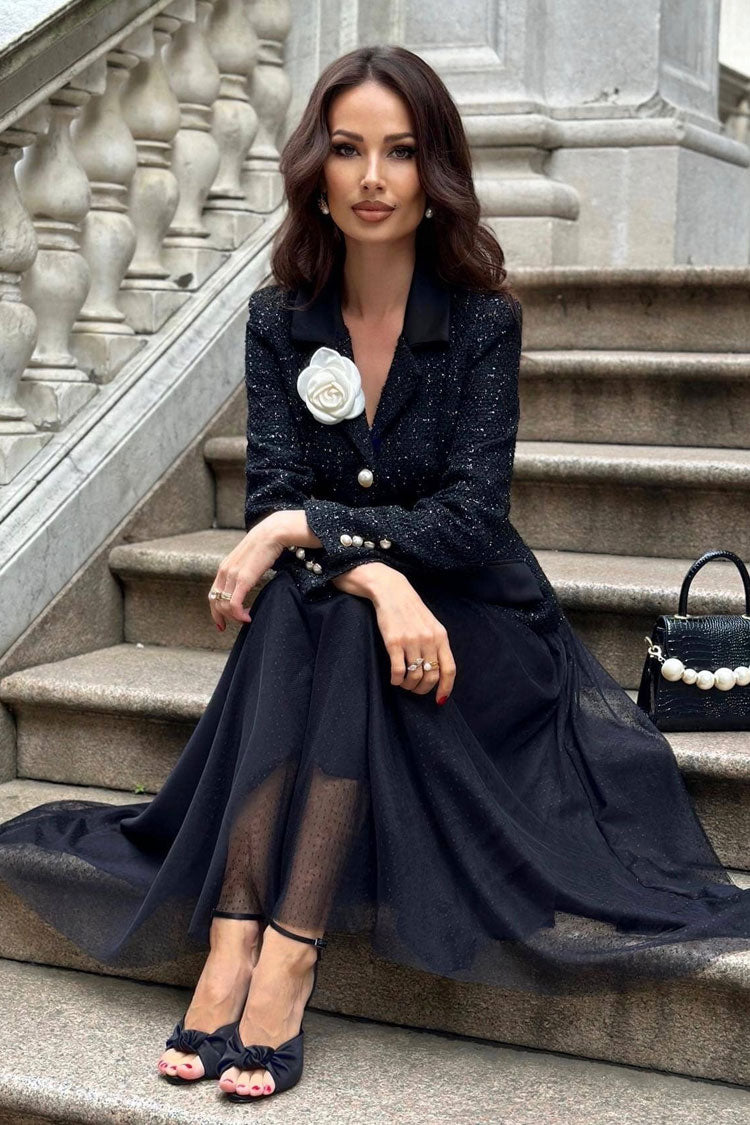 3D Romantic Flower Lapel Cinched Tweed Blazer Two Piece Midi Dress - Black