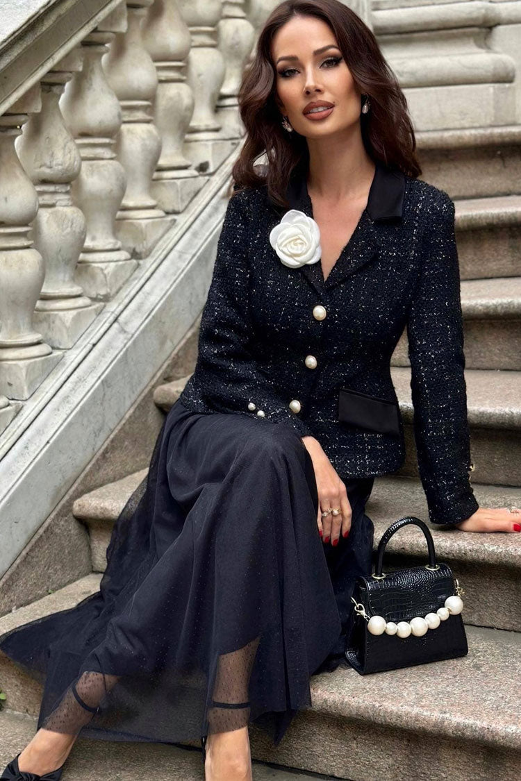 3D Romantic Flower Lapel Cinched Tweed Blazer Two Piece Midi Dress - Black