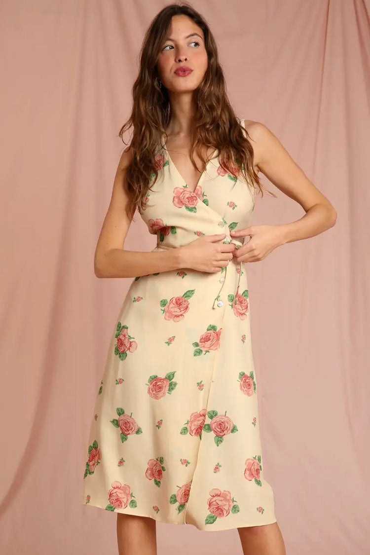 Rose Romantic Printed Sleeveless French Wrap Midi Dress - Yellow