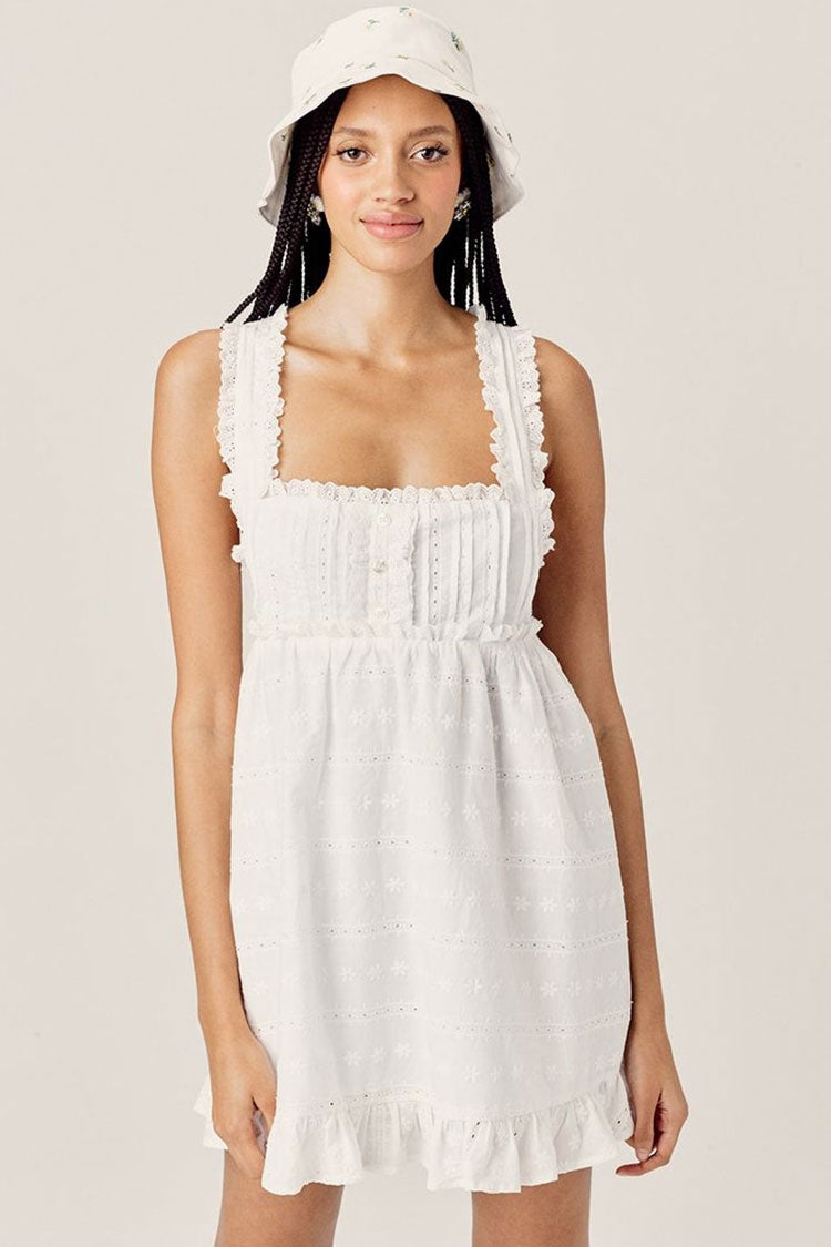 Ruffle Eyelet Bloom Embroidered Sleeveless Babydoll Mini Dress - White