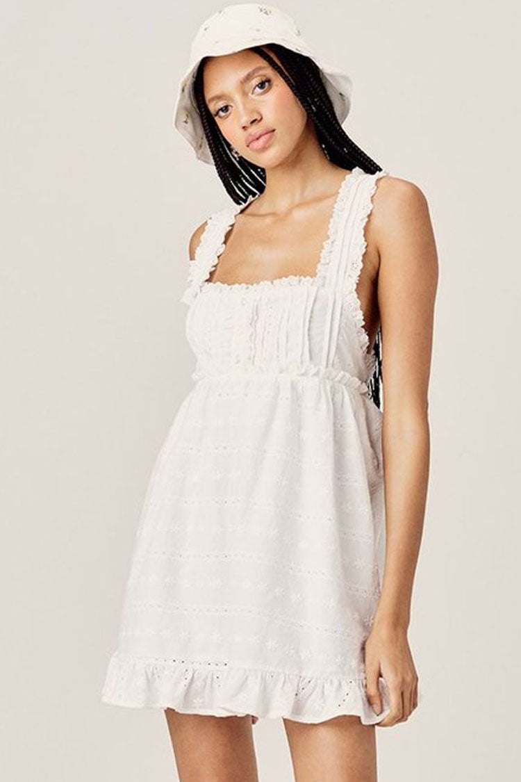 Ruffle Eyelet Bloom Embroidered Sleeveless Babydoll Mini Dress - White