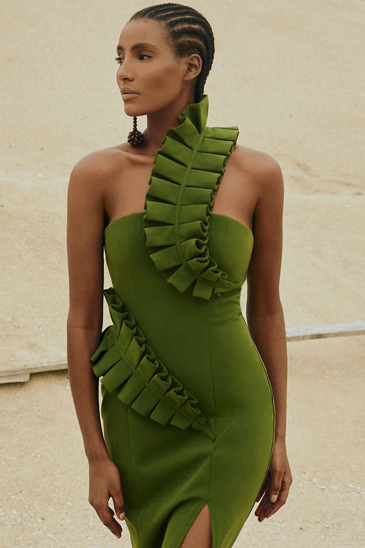 One Ruffle Shoulder Bandage Cocktail Party Midi Dress - Green