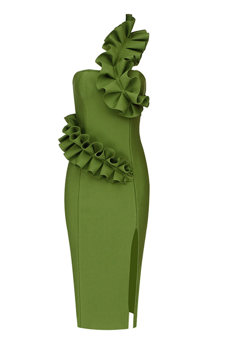 One Ruffle Shoulder Bandage Cocktail Party Midi Dress - Green