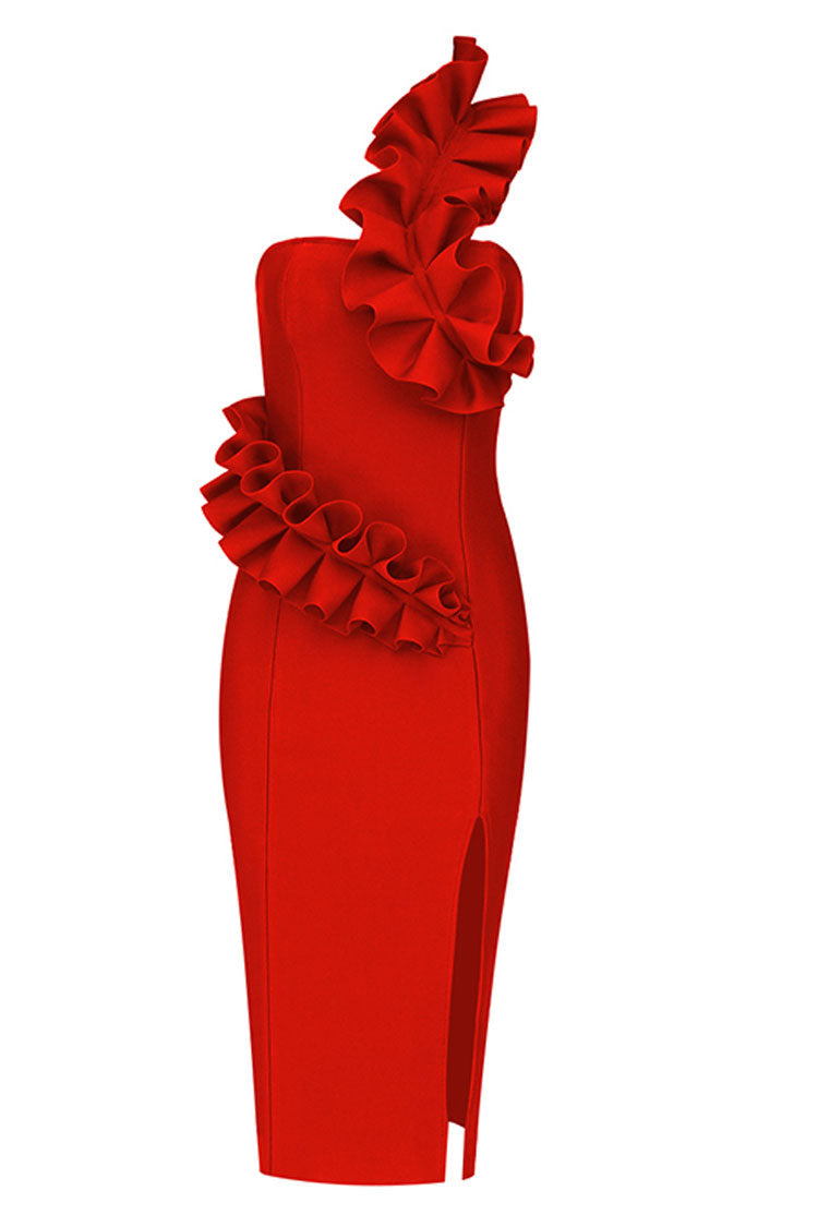 One Ruffle Shoulder Bandage Cocktail Party Midi Dress - Red