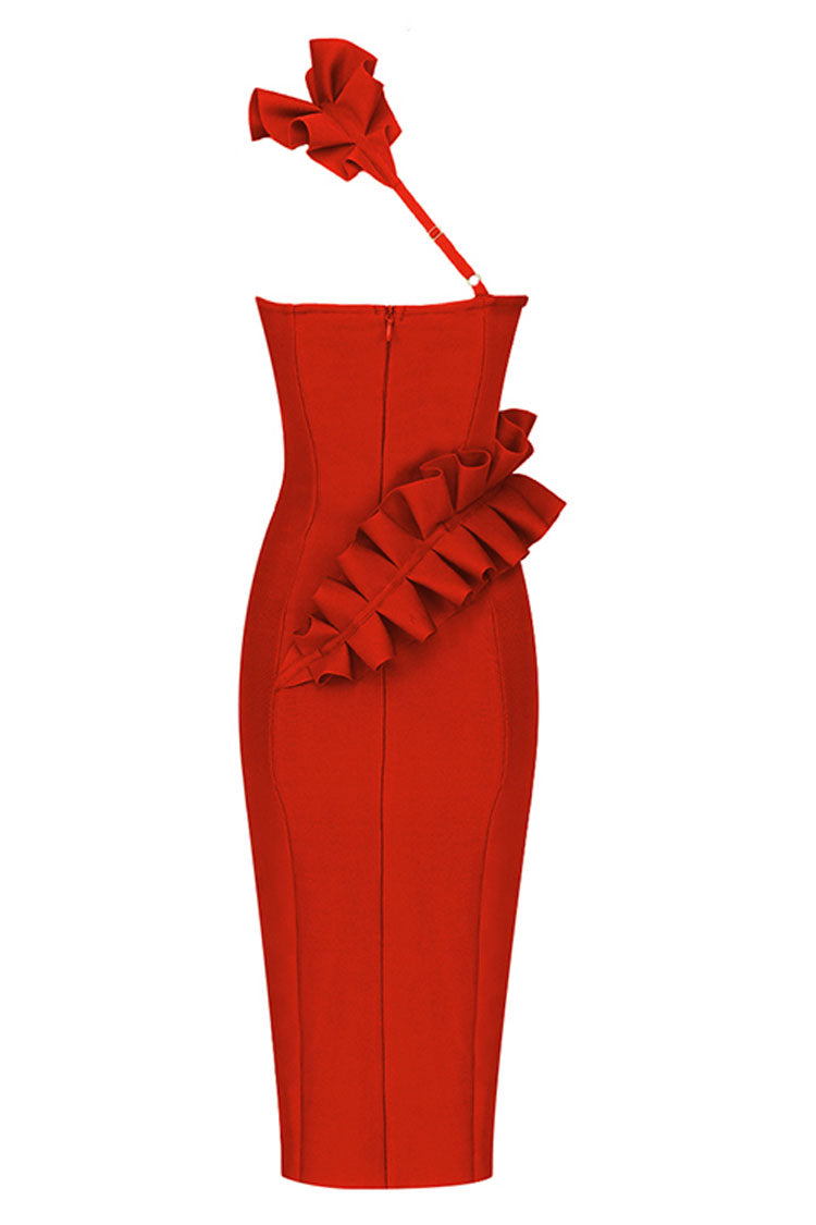 One Ruffle Shoulder Bandage Cocktail Party Midi Dress - Red