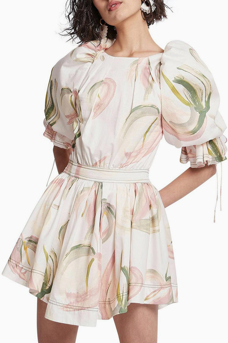 Ruffle Puff Sleeve Cutout Black Bloom Printed Mini Dress - White