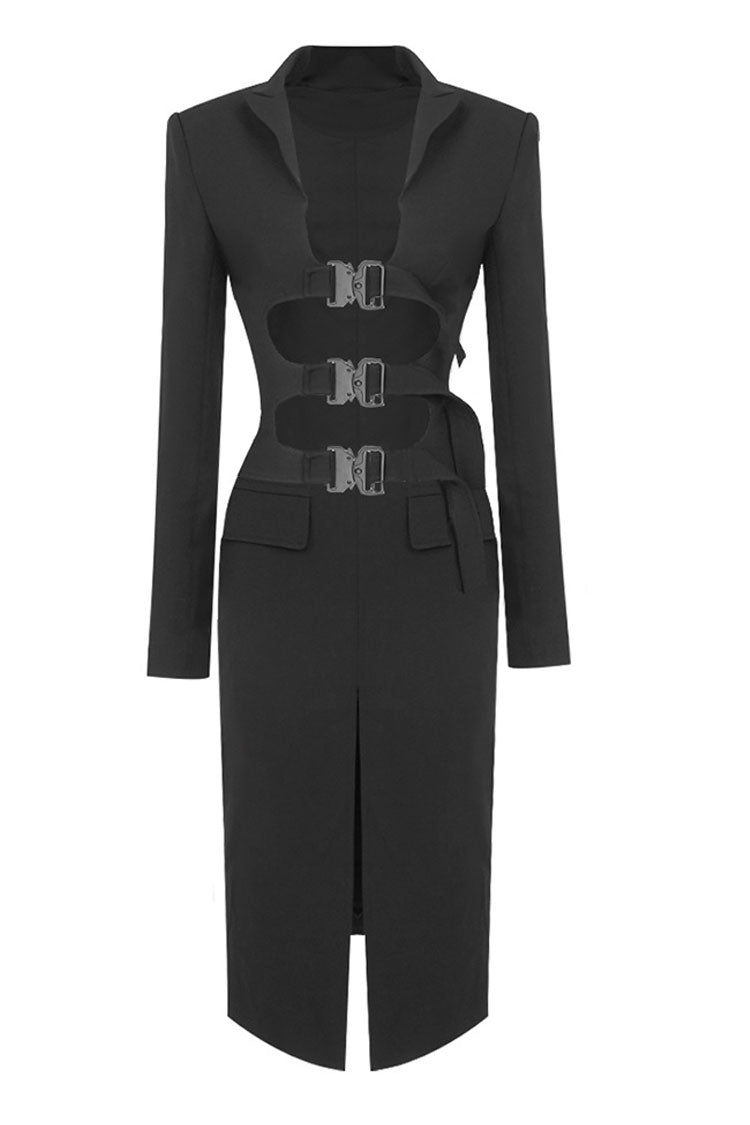 Buckled Sculptural Front Long Sleeve Cutout Blazer Two Piece Midi Dress - Black