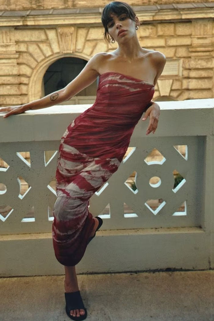 Chic Bicolor Tie Dye Printed Ruched Bodycon Mesh Strapless Midi Dress - Wine