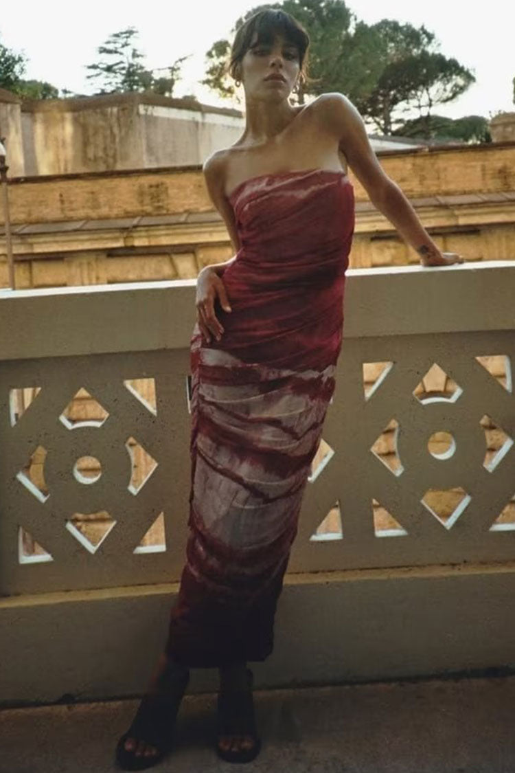 Chic Bicolor Tie Dye Printed Ruched Bodycon Mesh Strapless Midi Dress - Wine