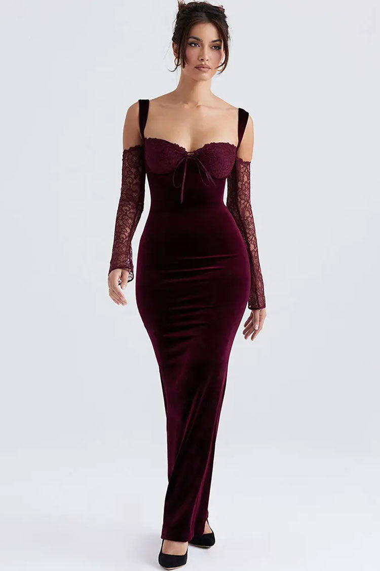 Stylish Bow Tie Sweetheart Cutout Shoulder Velvet Evening Maxi Dress - Burgundy