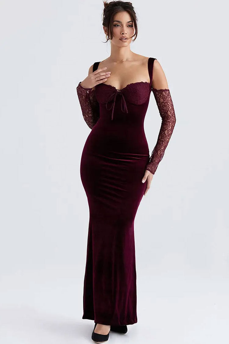 Stylish Bow Tie Sweetheart Cutout Shoulder Velvet Evening Maxi Dress - Burgundy