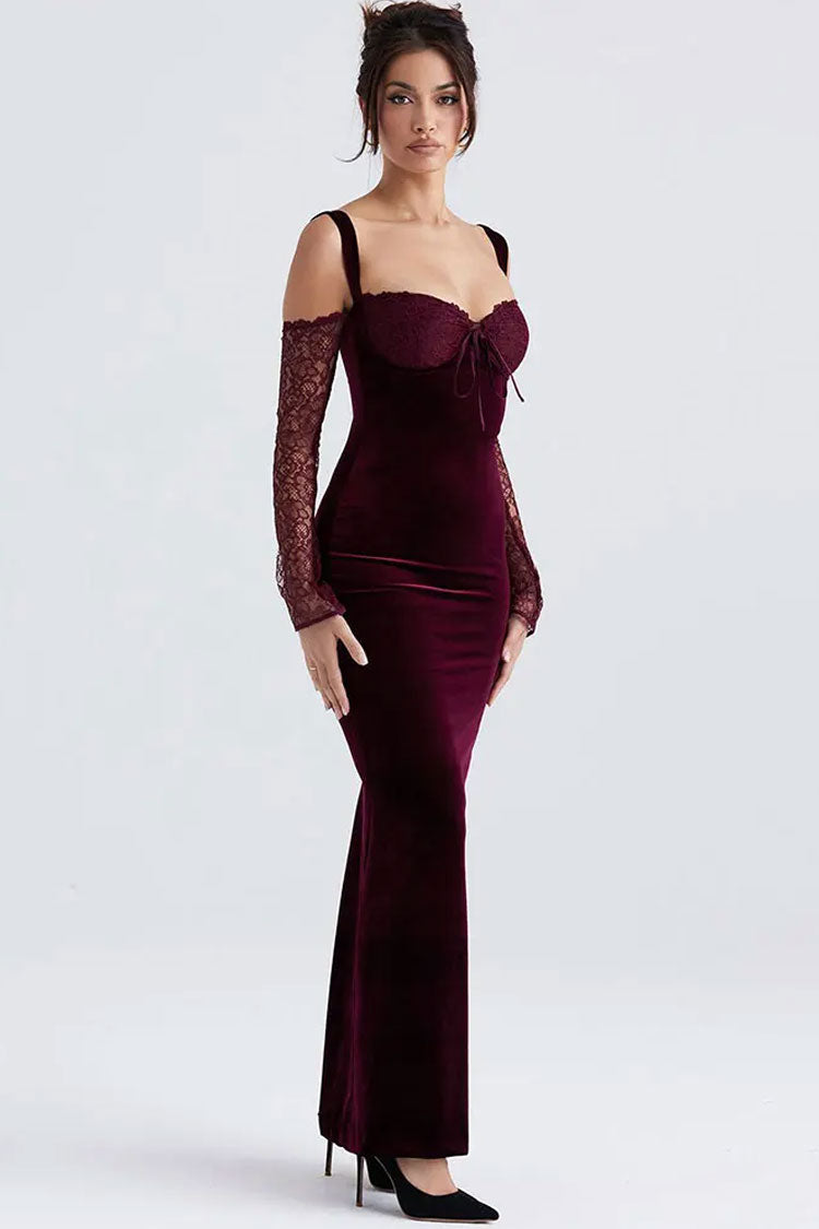 Stylish Bow Tie Sweetheart Cutout Shoulder Velvet Evening Maxi Dress - Burgundy